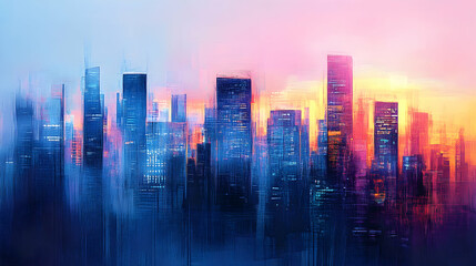Abstract Cityscape at Dusk with Vibrant Colorful Hues