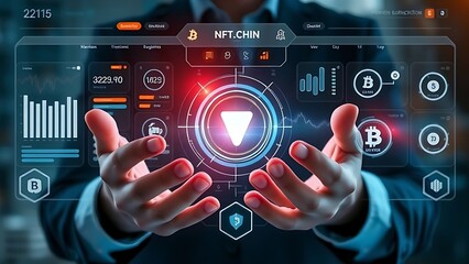A businessman interacts with a futuristic holographic interface displaying cryptocurrency charts, NFT data, and blockchain technology, showcasing digital assets and financial markets.