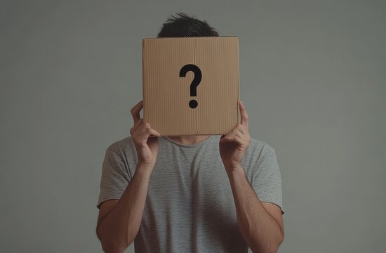 Man hides face behind question mark box