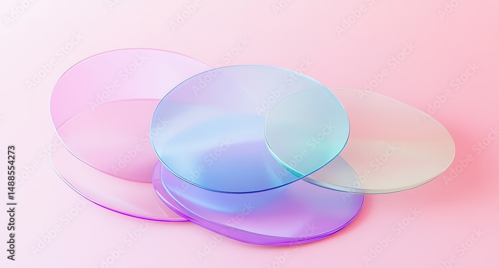Poster translucent colorful circular plates stacked on light pink surface backdrop