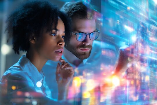 Two colleagues, a man and a woman, are collaborating intensely on a digital project. They are looking at a large screen displaying vibrant, dynamic data visualizations.  The scene is set at night.