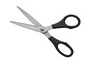 Stainless steel scissors with black plastic handles are open and ready for cutting on a transparent background
