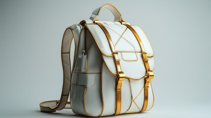 Designer luxury backpack with gold accents, clean white background 