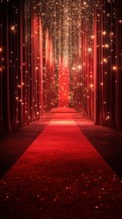 Elegant red carpet walkway adorned with sparkling lights and draped curtains