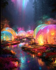 Obraz premium Magical transparent bubble homes nestled in a vibrant enchanted forest, illuminated with colorful lights reflecting on a tranquil stream.