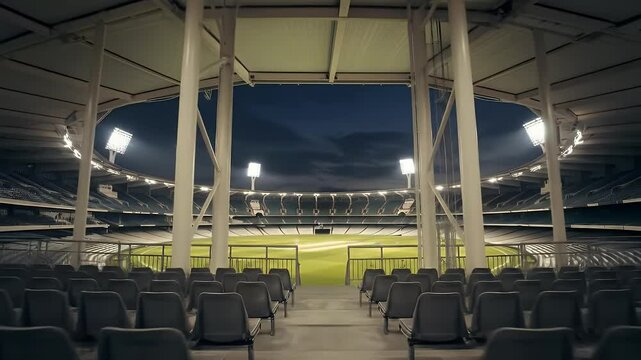 Empty cricket stadium at night.