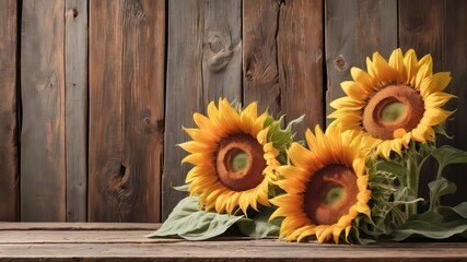 Rustic wooden background featuring three vibrant sunflowers on a weathered table