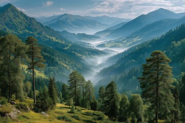 Fototapeta premium Majestic Mountains and Misty Valleys Create a Serene Landscape at Dawn in a Lush Green Wilderness