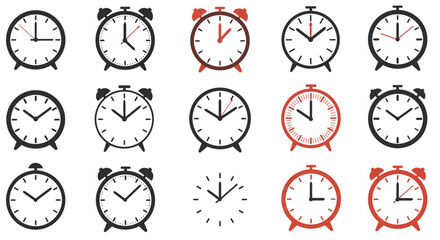 A set of retro-style alarm clocks featuring black and yellow designs. Each clock differs in details such as time displayed and dial markings, presenting a consistent yet varied aesthetic appeal.

