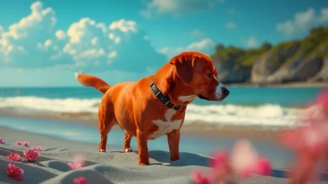 lovable red pup on the coastline