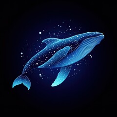 Humpback whale gracefully swimming in deep ocean waters illuminated by stars