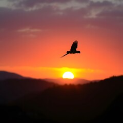  A lone green macaw silhouetted against a glowing orange and purple Mexican sunset, flying gracefully over distant hilly terrain.