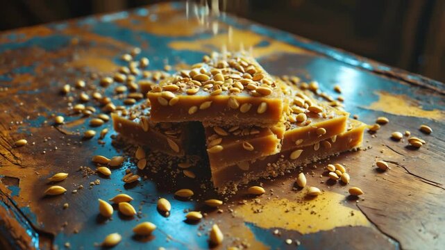 A portion of halva with seeds, damaged and on a table