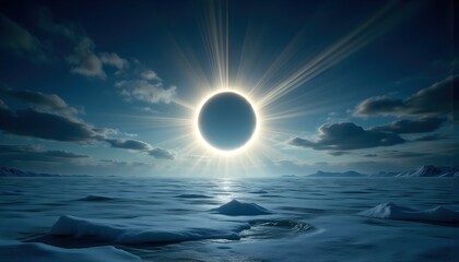 Obraz premium An eclipse casting fractal light across a frozen ocean