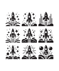 Rocket launching silhouette vector illustration isolated on a white background, Rocket icons set.