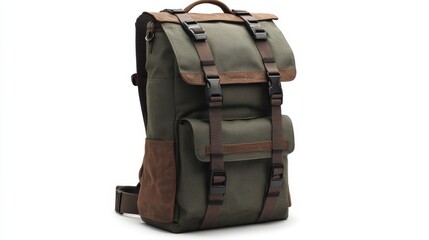 Naklejka premium Functional travel backpack with straps and pockets, white background 