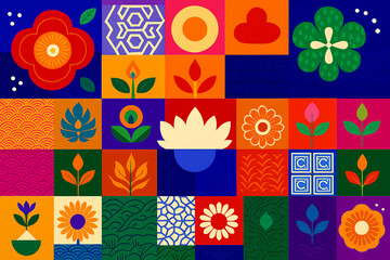 Vibrant Mexican Style Floral and Geometric Pattern. This repeating design features a colorful collage of stylized flowers, geometric shapes and textures, evoking the energy and beauty of Mexican craft