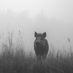 Wild boar standing in tall grass surrounded by thick morning fog
