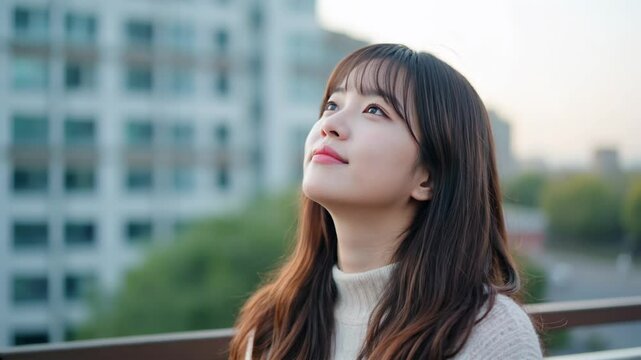 A young woman in Seoul, South Korea, staring into the distance