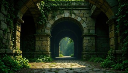 Obraz premium Overgrown stone walls, crumbling arches, ivy-covered pillars , magical, eroded