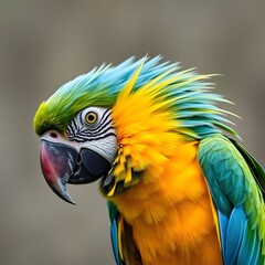 Fototapeta premium A vibrant blue and yellow macaw, a colorful tropical parrot, stands in a wild nature portrait