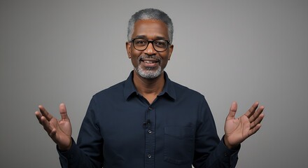 Smiling African Man Gesturing Open Arms for Friendship Welcome or Embracing New Opportunities with Positivity and Warmth in Indoor Studio with Natural Lighting