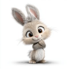 Cartoon bunny with big eyes and fluffy fur standing on white floor
