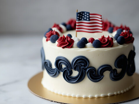"Patriotic American Flag Cake on Stand - Red, White & Blue Layered Dessert with Frosting Stars for 4th of July Celebrations"
