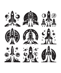 Rocket launching silhouette vector illustration isolated on a white background, Rocket icons set.