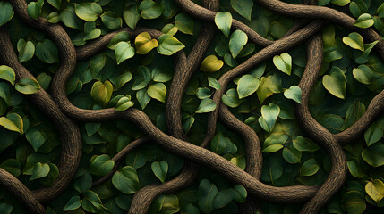 Obraz premium Lush Green Leaves Twisting Around Brown Vines in Nature Background