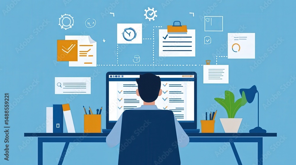 Poster office setting, managing tasks on a laptop with digital checklists and tools, ensuring work is compl