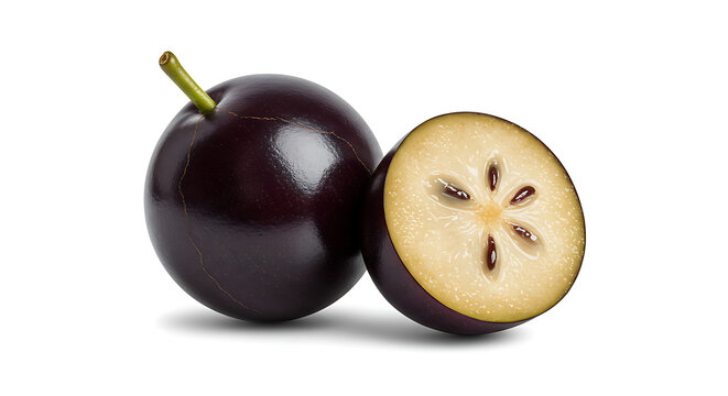 Star Apple Whole and Half Tropical Fruit Isolated Studio Shot White Background