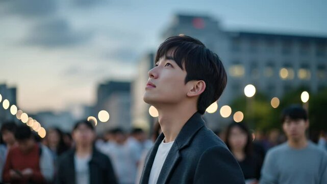 A young man in Seoul, South Korea, staring into the distance