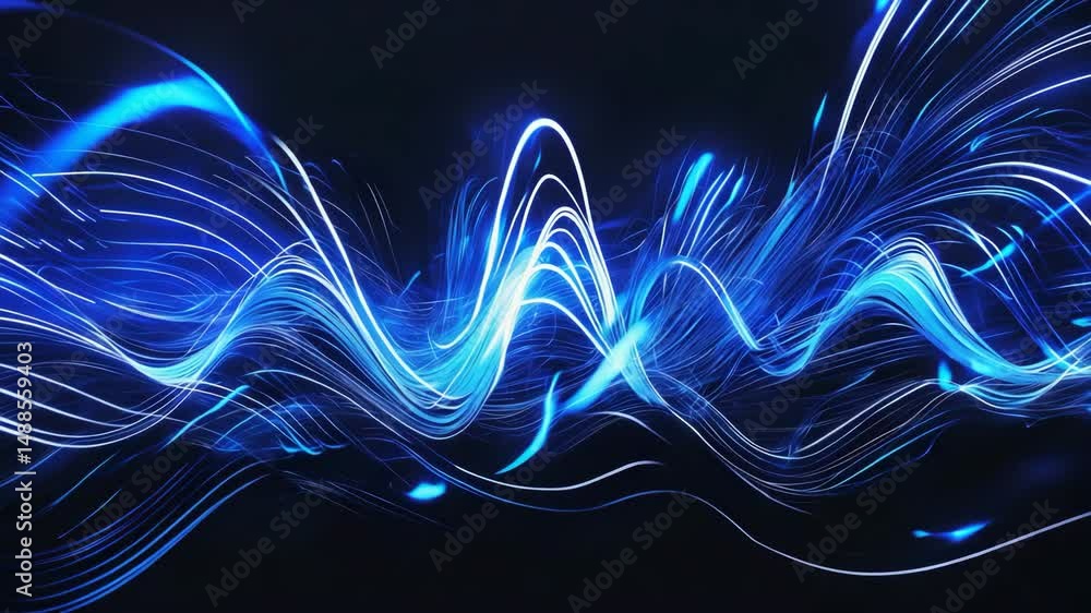 Poster digital rendering of blue light and stripes rushing swiftly over a black background