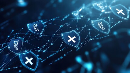health insurance plan represented by floating shield icons with white crosses, DNA structures, and digital patient data interface