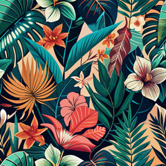 Lush Tropical Jungle with Bright Flowers and Green Leaves Pattern.