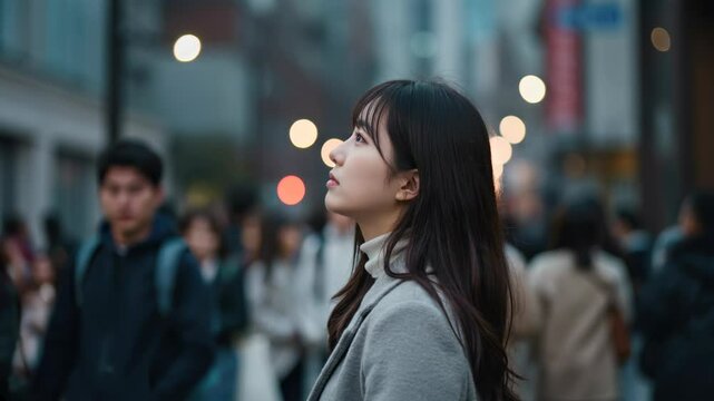 A young woman in Seoul, South Korea, staring into the distance