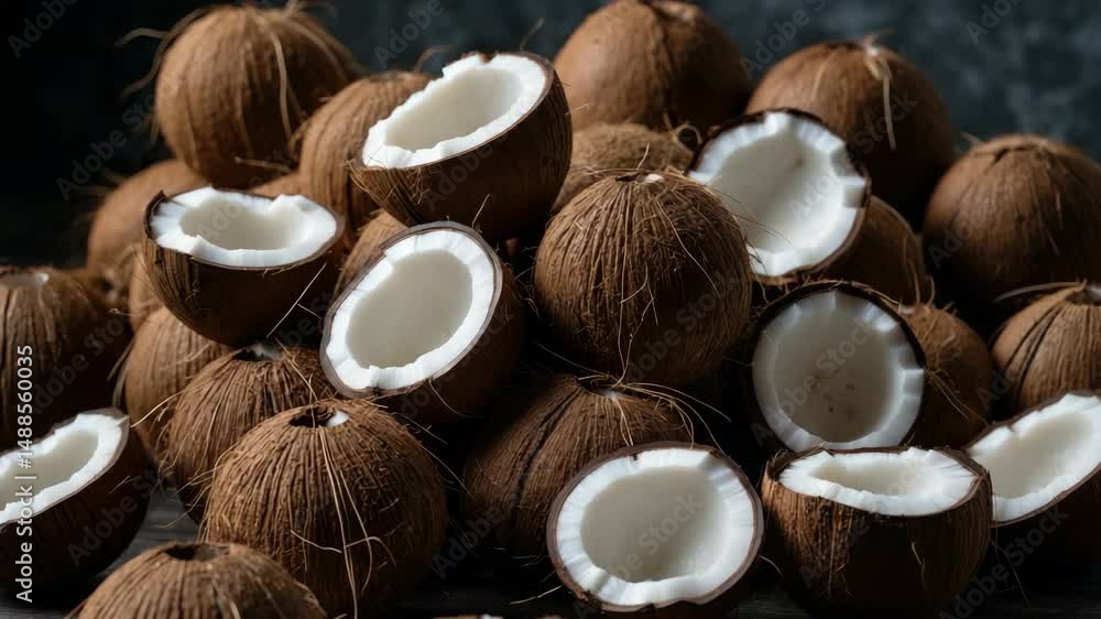 Poster close-up view of stacked halved coconuts.