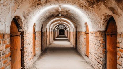 Obraz premium Underground tunnel with brick walls and arched ceiling, illuminated by ceiling lights, creating sense of depth and mystery, abandoned and possibly used for military or storage purposes