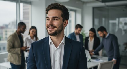 Smiling man in suit with diverse team in modern office setting.