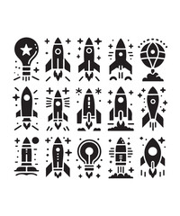 Naklejka premium Rocket launching silhouette vector illustration isolated on a white background, Rocket icons set.
