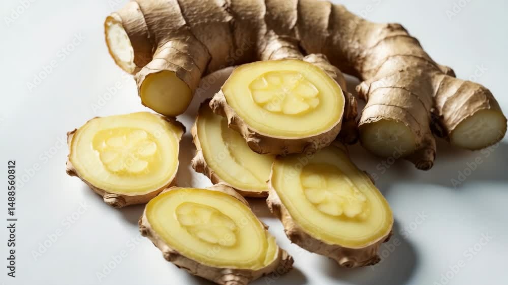 Poster ginger pieces set up neatly against a plain setting
