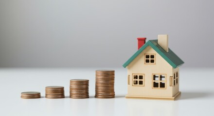Small house model with increasing stacks of coins on a white surface.