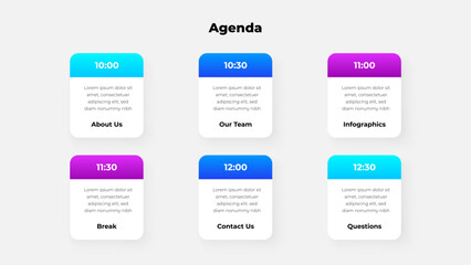 A visually appealing agenda layout for efficiently organizing business presentations, events, and workshops, utilizing colorful design elements for information categorization and seamless readability