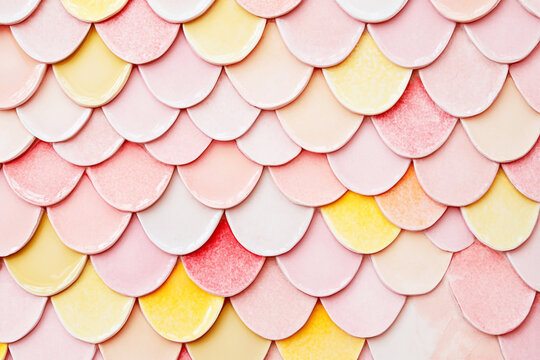 Beautiful background of pastel pink, peach, and yellow fish-scale tile.