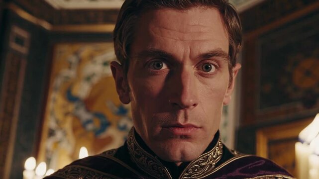 Homme en tenue royale dans une salle majestueuse, regard intense et ambiance de drame historique


