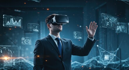 Man in suit uses virtual reality headset with data graphs in background.