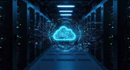 Server room with digital cloud symbol in center illuminated with blue light.
