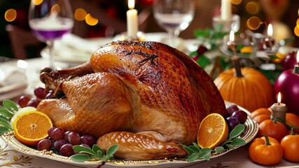 Perfectly roasted turkey served on a festive table with autumn decorations and seasonal fruits, ideal for holiday celebrations in a cozy dining setting - Powered by Adobe