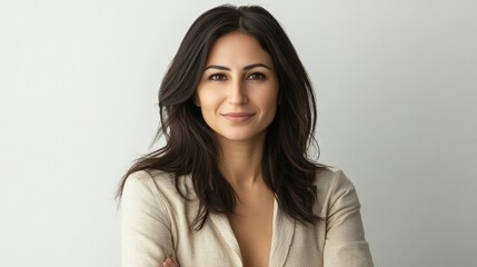 A woman with long dark hair smiles confidently at the camera, her arms crossed in front of her. She is wearing a light beige blazer and has a light complexion. The background is a plain white wall